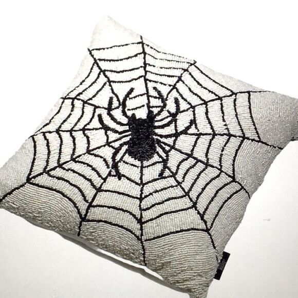 Noir Night Black Spiderweb White Beaded 16” Halloween Decor Accent Throw Pillow - Picture 2 of 15
